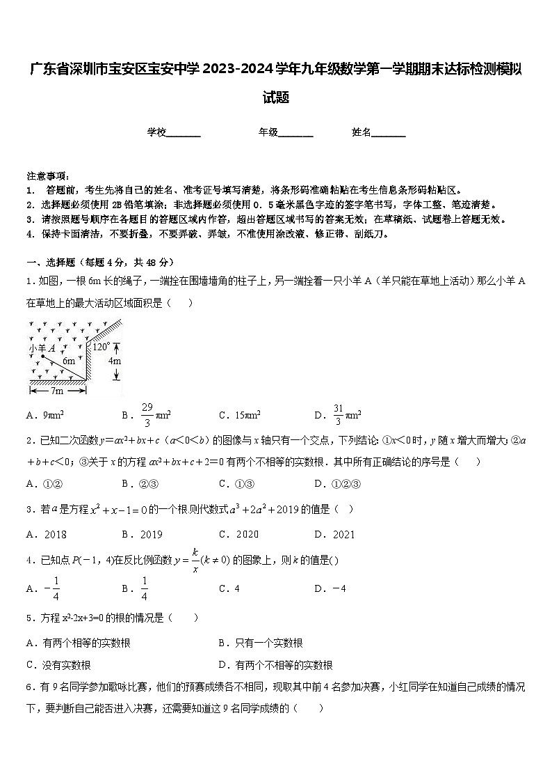 广东省深圳市宝安区宝安中学2023-2024学年九年级数学第一学期期末达标检测模拟试题含答案第1页