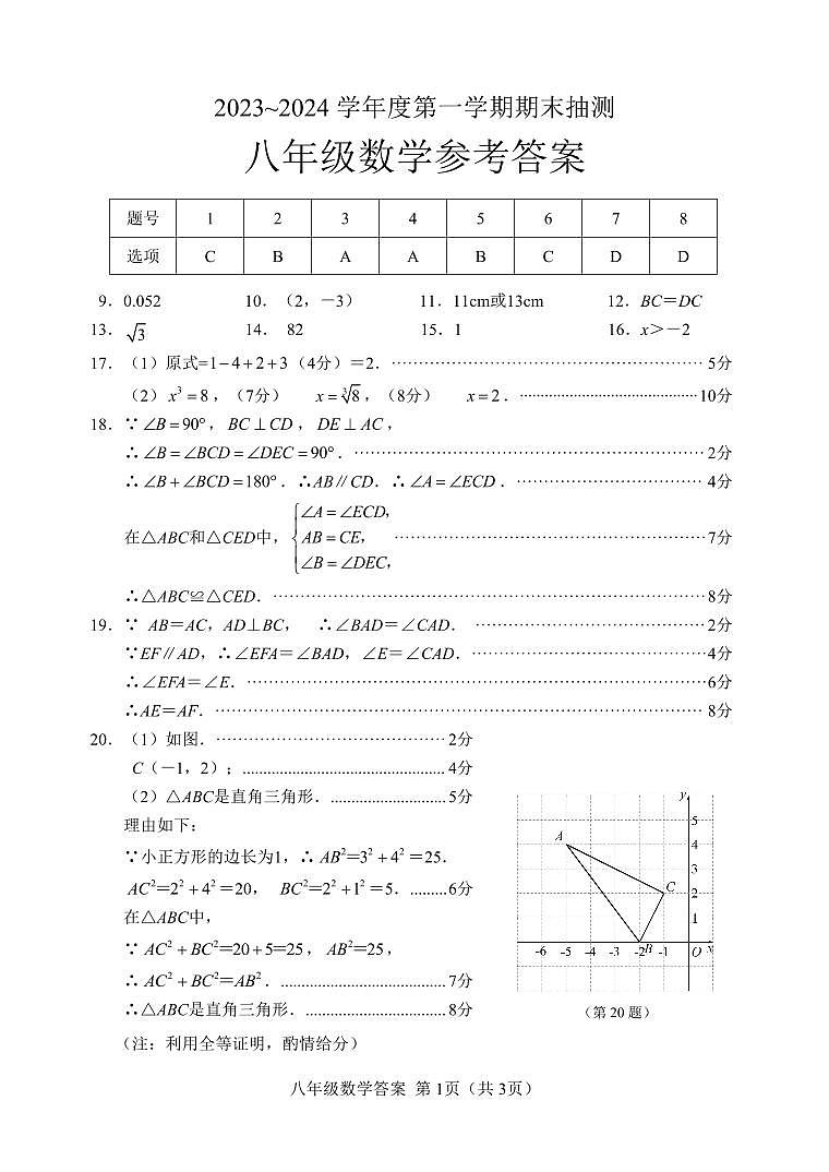 江苏省徐州市2023-2024学年八年级上学期期末抽测数学试题(含答案)01