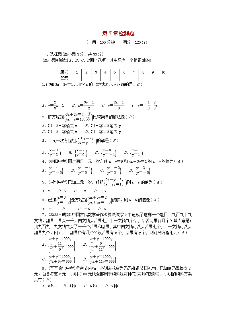 2024七年级数学下册第7章一次方程组检测题及答案(华东师大版)第1页