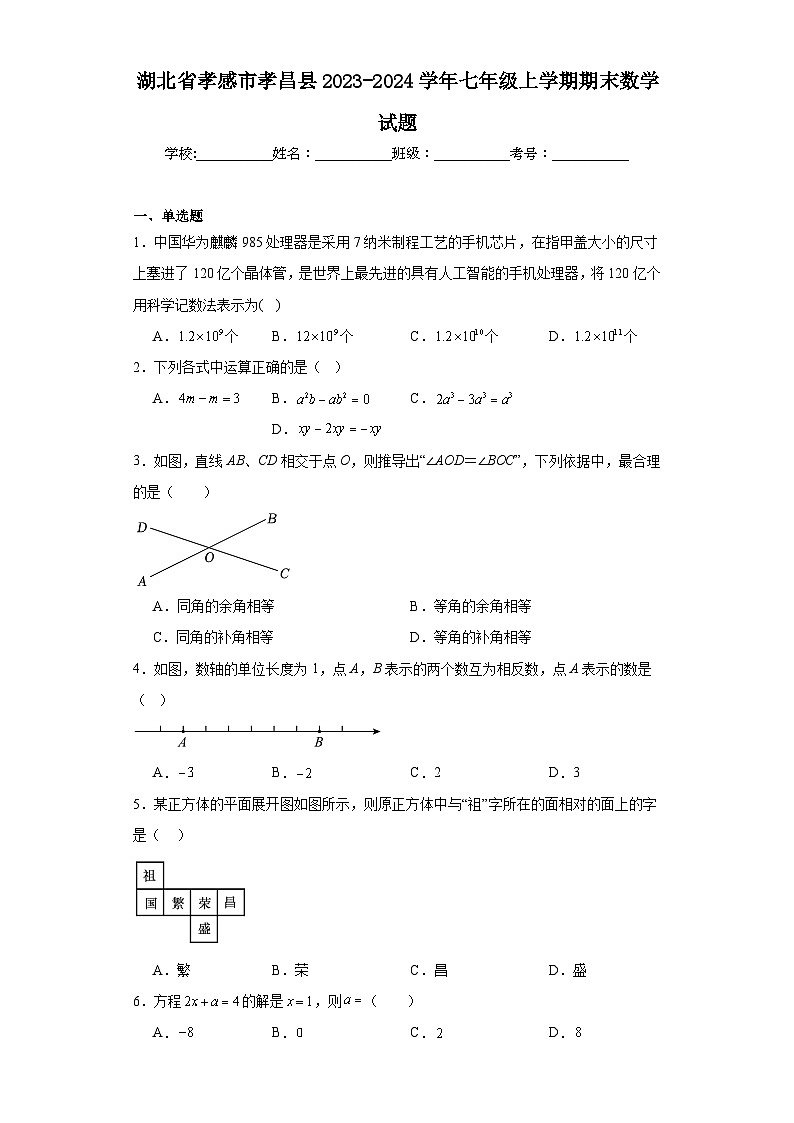湖北省孝感市孝昌县2023-2024学年七年级上学期期末数学试题(含答案)第1页
