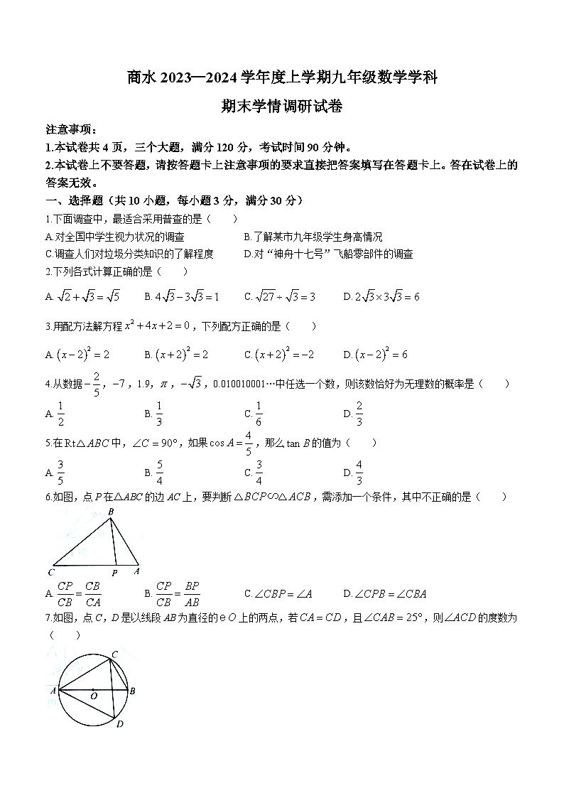 河南省周口市商水县2023-2024学年九年级上学期期末数学试题()01
