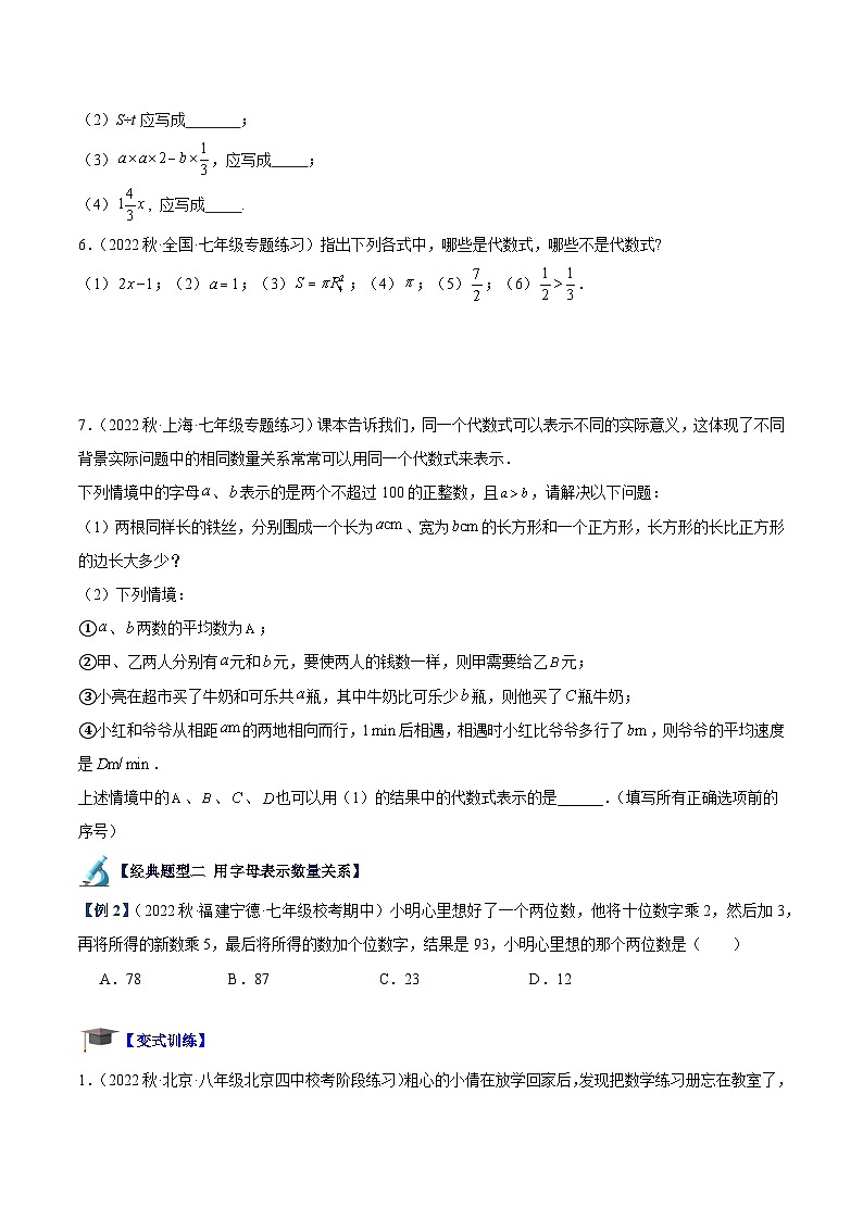 北师大版七年级数学上册 专题06 整式重难点题型专训(十一大题型)(原卷版+解析)02