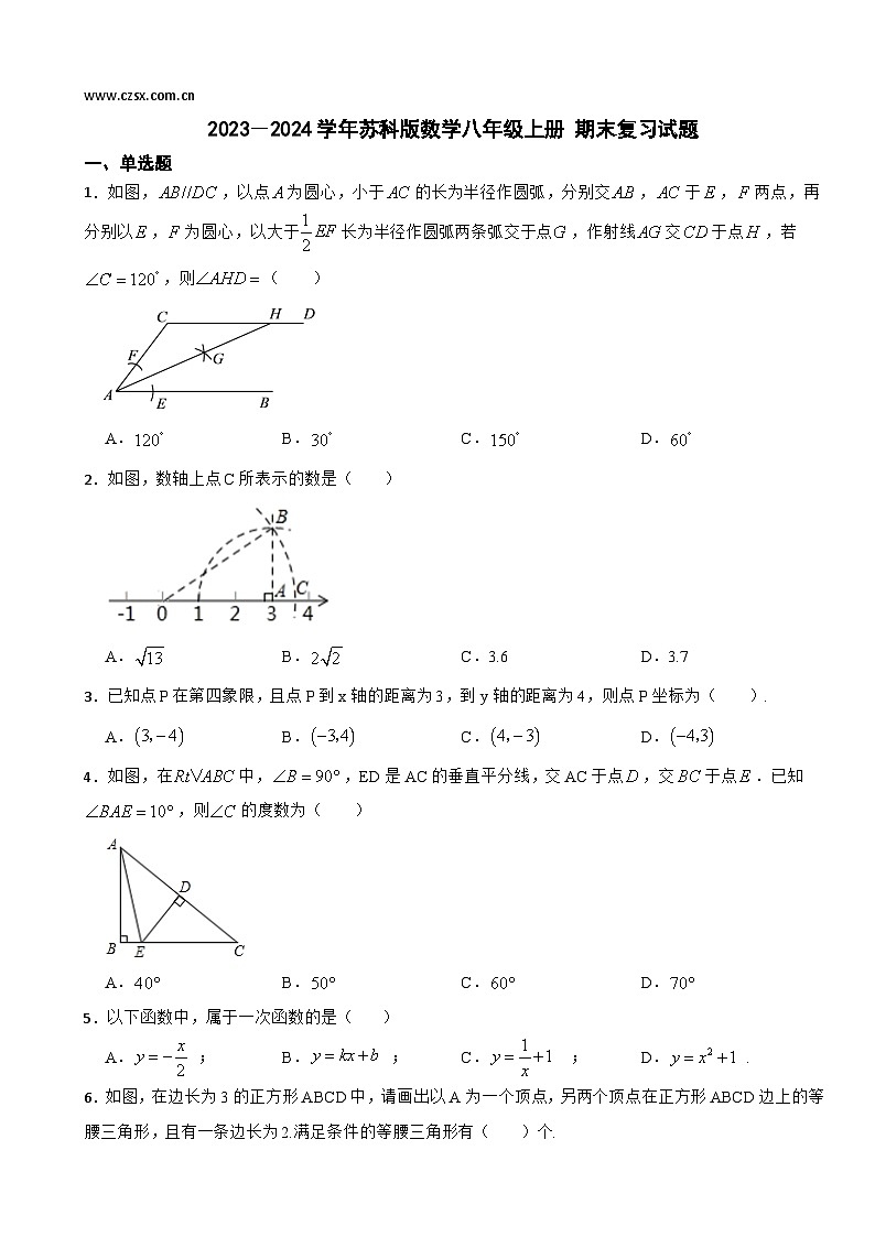 苏科版2023-2024学年数学八年级上册 期末复习试题第1页