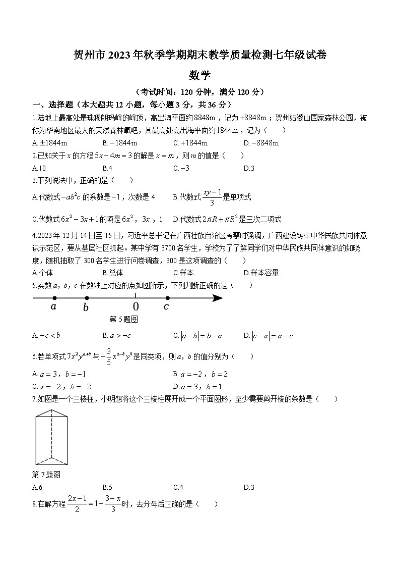 广西贺州八步区2023-2024学年七年级上学期期末考试数学试题第1页