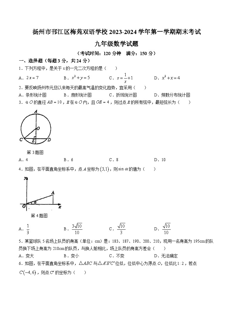 江苏省扬州市邗江区梅苑双语学校2023-2024学年九年级上学期1月期末数学试题(无答案)第1页