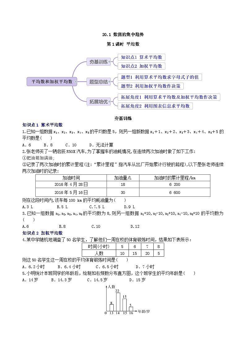 20.1.1 第1课时《平均数和加权平均数》分层作业——原卷版第1页