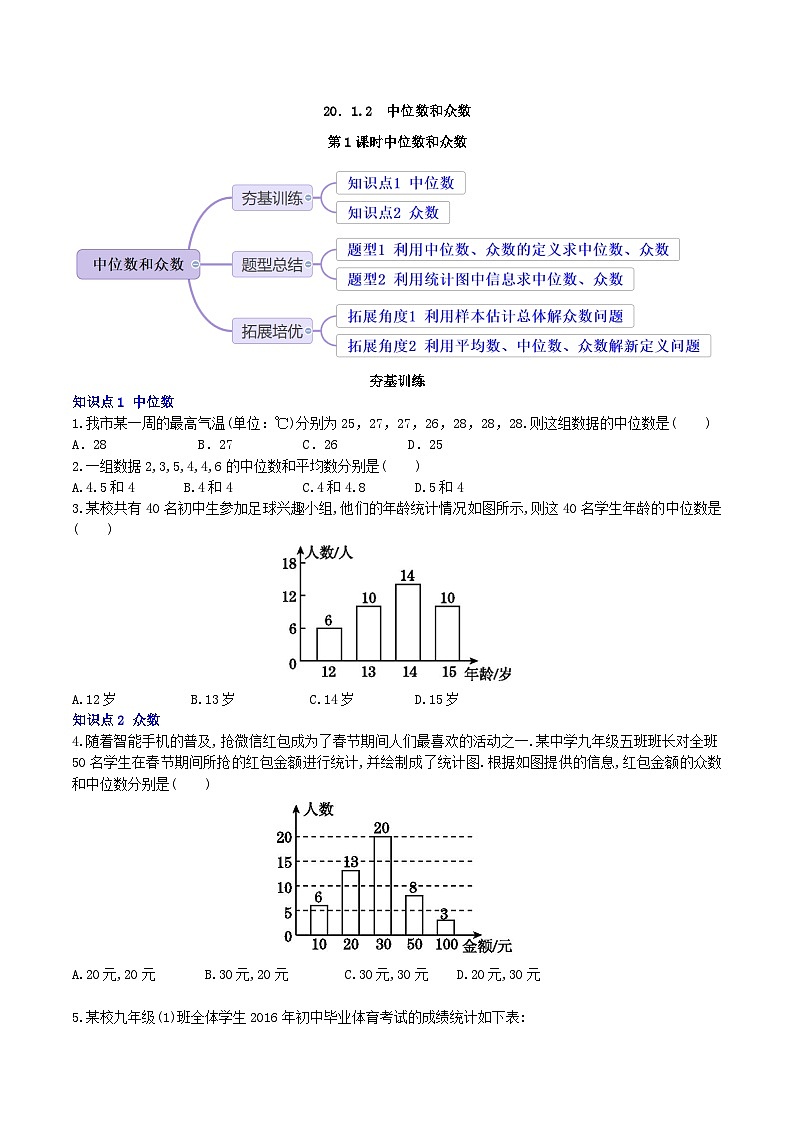 【核心素养】20.1.2 第1课时《 中位数和众数》课件+教案+分层练习(含答案解析)01