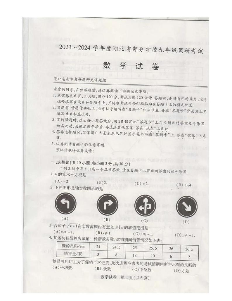 2023-2024学年度湖北省部分学校九年级调研考试数学试卷01