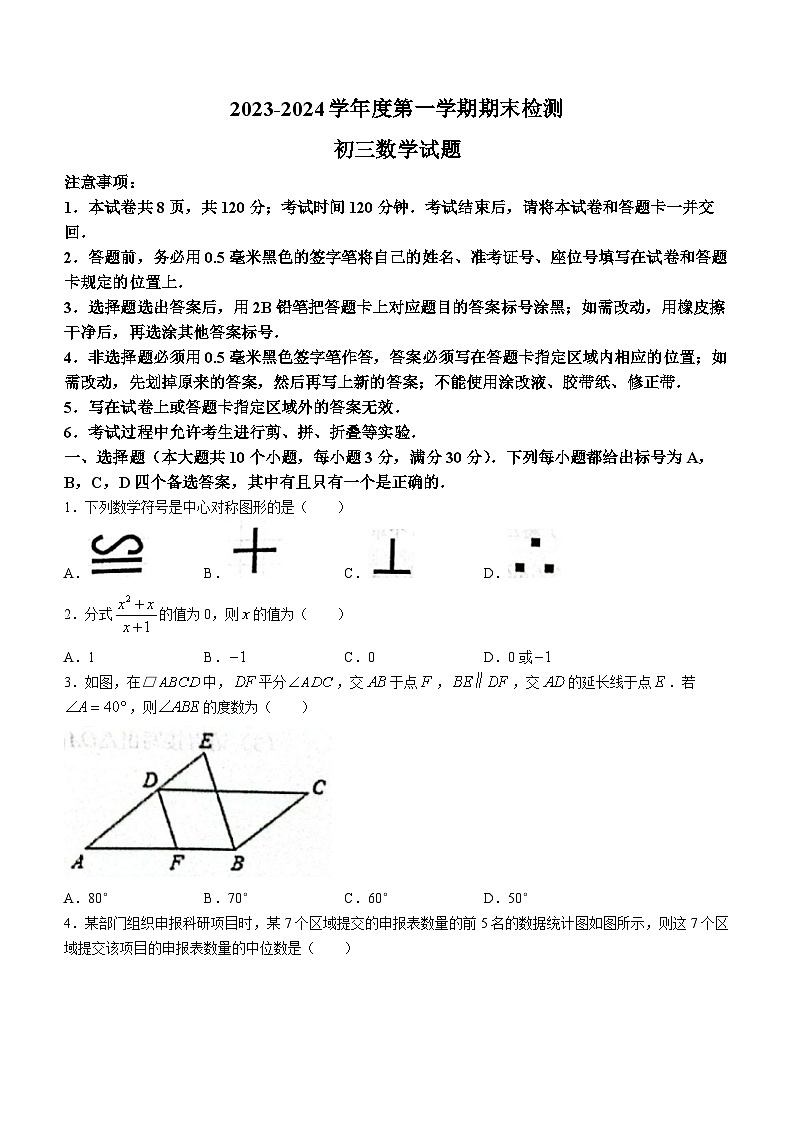 山东省烟台市海阳市2023-2024学年八年级上学期期末数学试题第1页