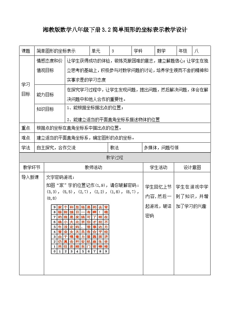 湘教版数学八年级下册3.2 简单图形坐标表示教学设计01