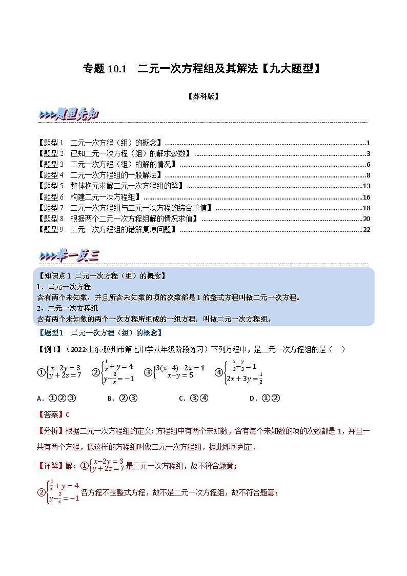 专题10.1 二元一次方程组及其解法【九大题型】-2022-2023学年七年级数学下册举一反三系列(苏科版)01