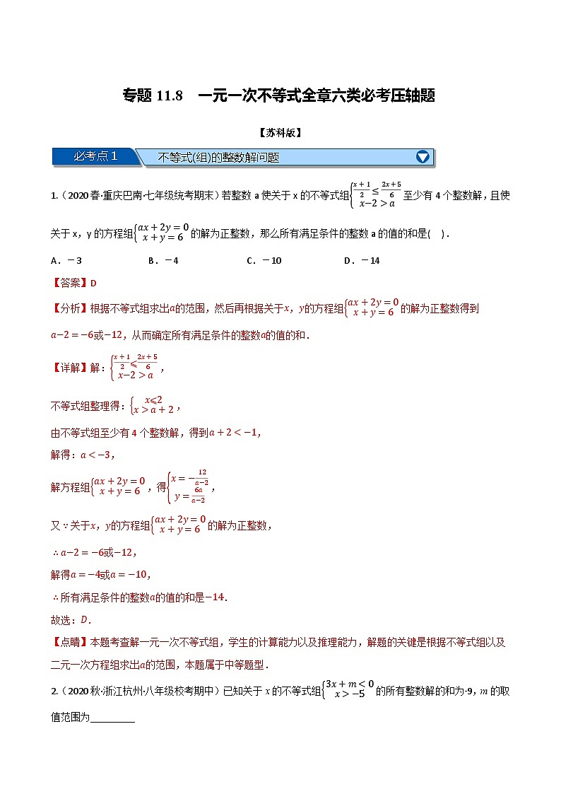 专题11.8 一元一次不等式全章六类必考压轴题(苏科版)(解析版)第1页