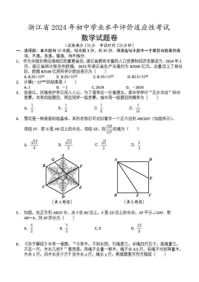 浙江省2024年初中学业水平评价适应性考试数学试卷01