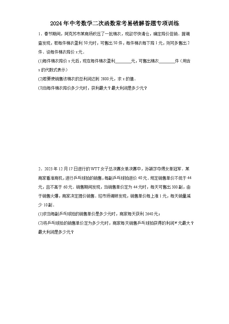 2024年中考数学二次函数常考易错解答题专项训练第1页