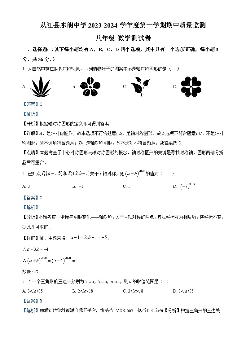 08,贵州省黔东南苗族侗族自治州从江县东朗中学2023-2024学年八年级上学期期中数学试题第1页