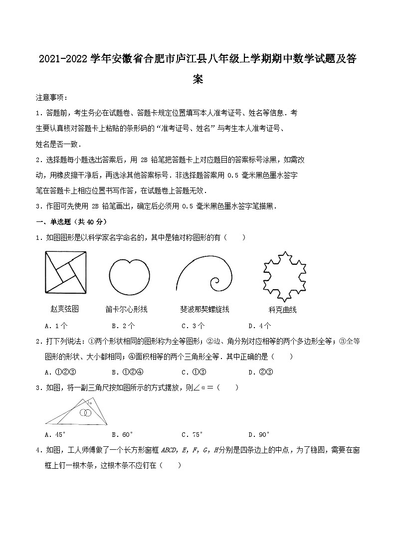 2021-2022学年安徽省合肥市庐江县八年级上学期期中数学试题及答案01