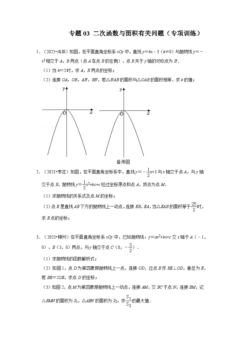 2024年中考数学专题训练 专题03 二次函数与面积有关问题(专项训练)(原卷版+解析)第1页