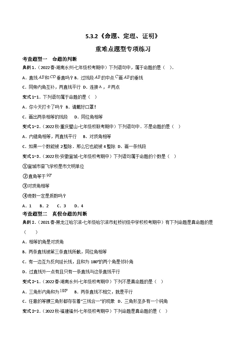 人教版七年级下册同步练习 5.3.2命题、定理、证明重难点专项练习【五大题型】(原卷版+解析)第1页