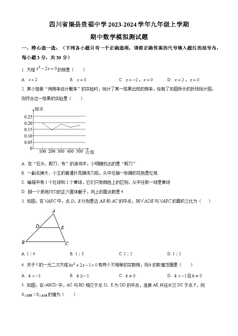 精品解析:四川省达州市渠县贵福中学2023-2024学年九年级上学期期中数学模拟测试题(原卷版)第1页