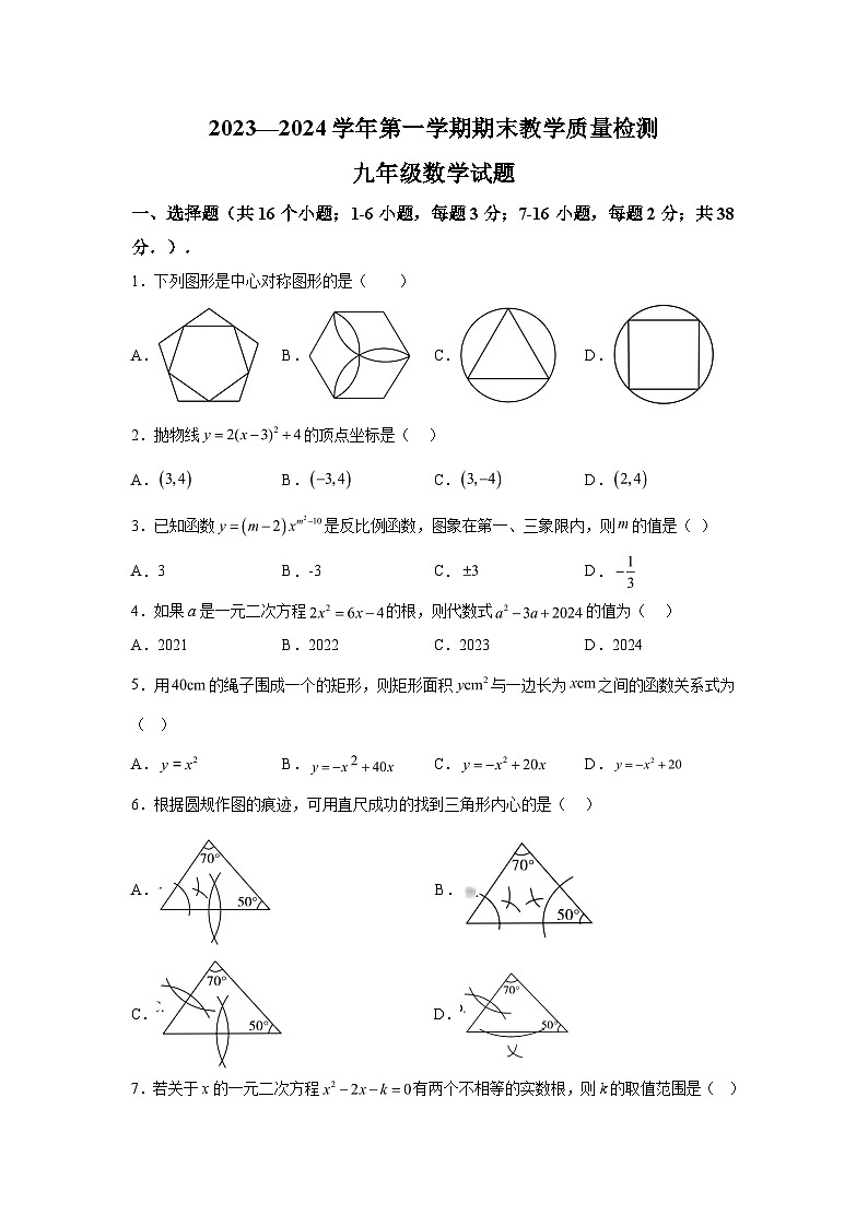 河北省保定市高阳县2023-2024学年九年级上学期期末数学试题(含解析)第1页