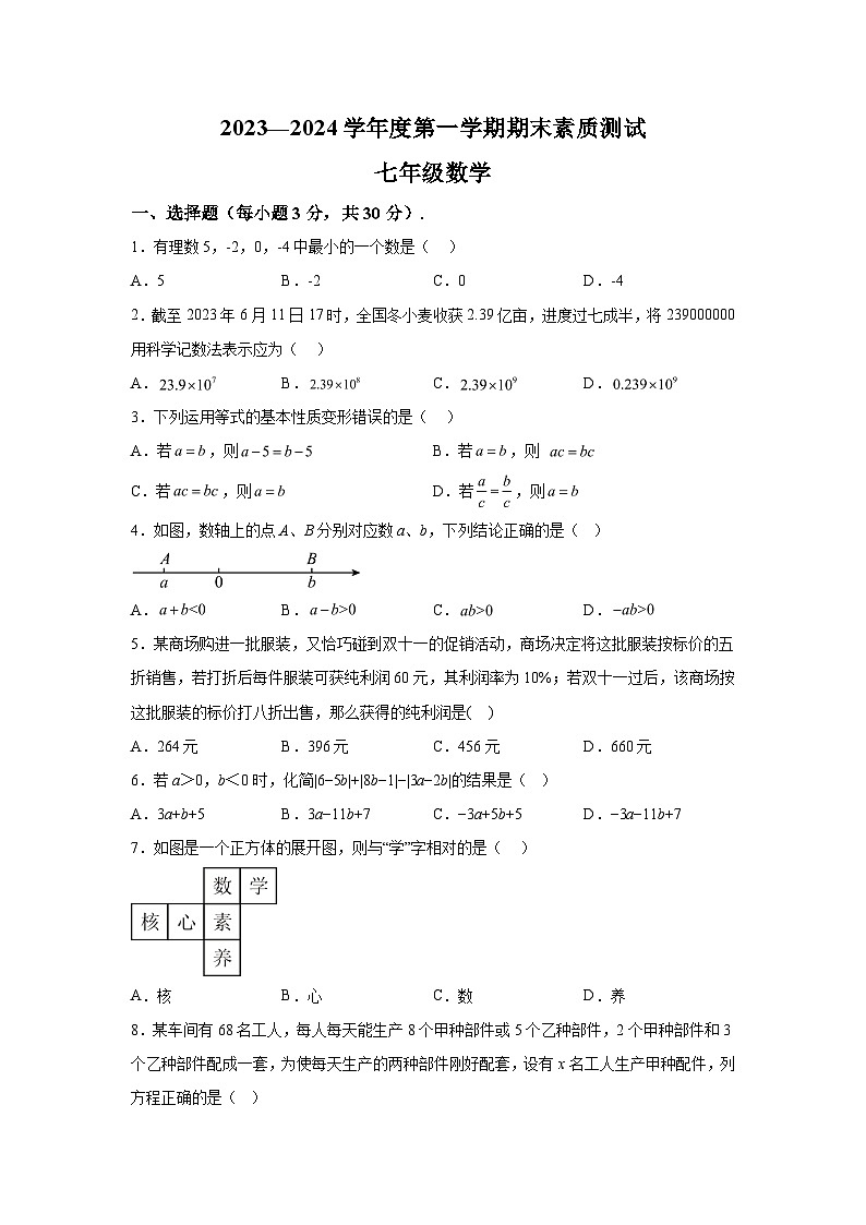 河南省驻马店市西平县2023-2024学年七年级上学期期末数学试题(含解析)第1页