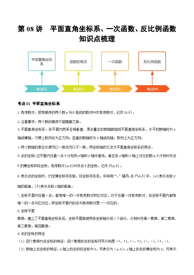 第08讲 平面直角坐标系、一次函数、反比例函数（知识点梳理）（记诵版）-【学霸计划】2024年中考数学大复习