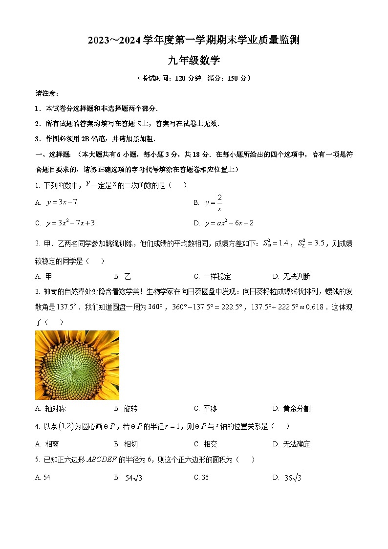 江苏省泰州市靖江市2023-2024学年九年级上学期期末数学试题(原卷版+解析版)01