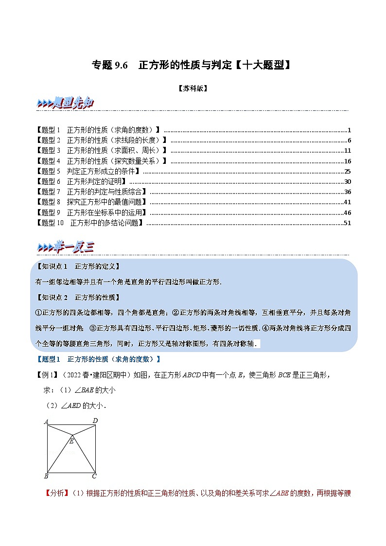 专题9.6 正方形的性质与判定【十大题型】-2022-2023学年八年级数学下册举一反三系列(苏科版)01