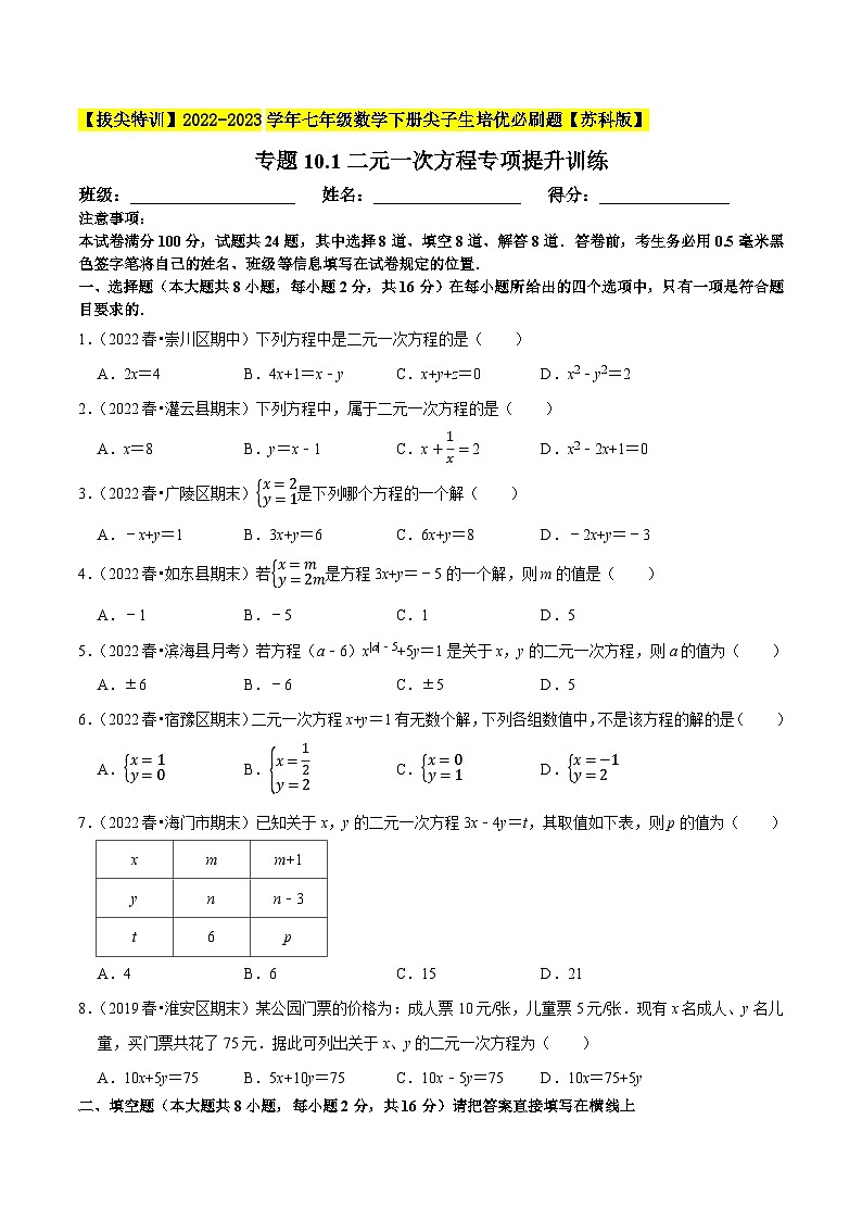 专题10.1二元一次方程专项提升训练-【拔尖特训】2022-2023学年七年级数学下册尖子生培优必刷题【苏科版】01