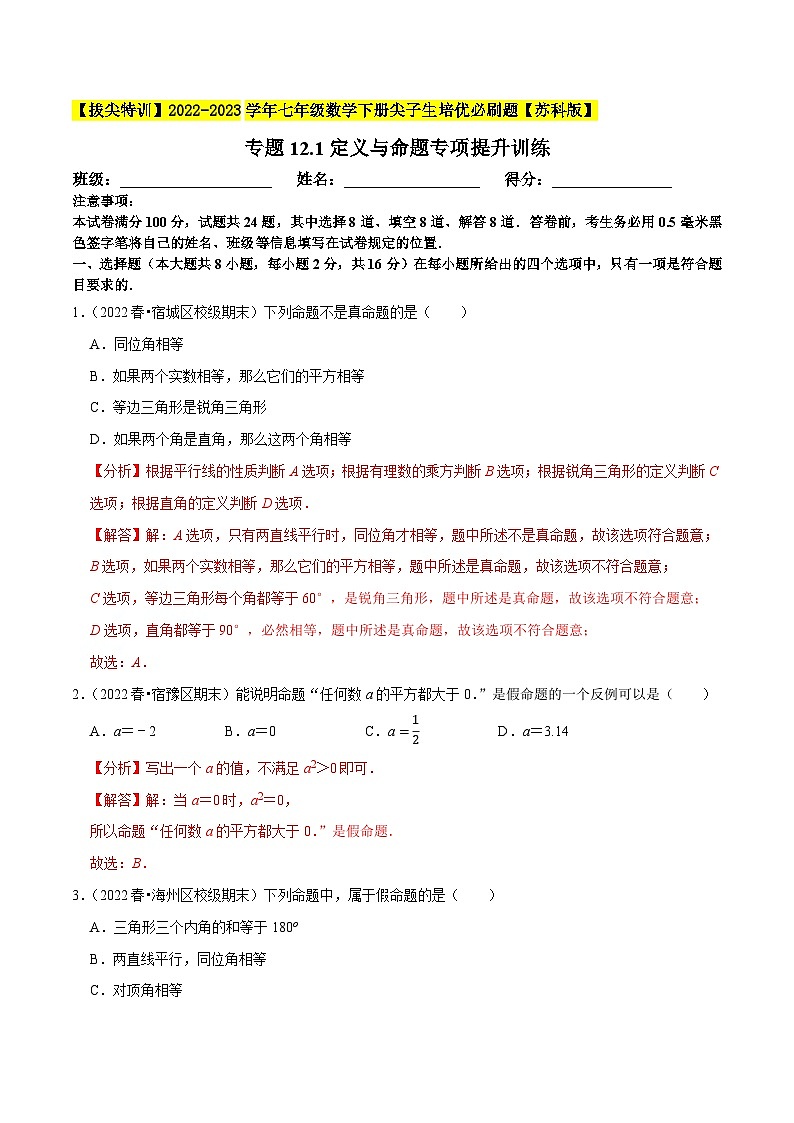 专题12.1定义与命题专项提升训练-【拔尖特训】2022-2023学年七年级数学下册尖子生培优必刷题【苏科版】01
