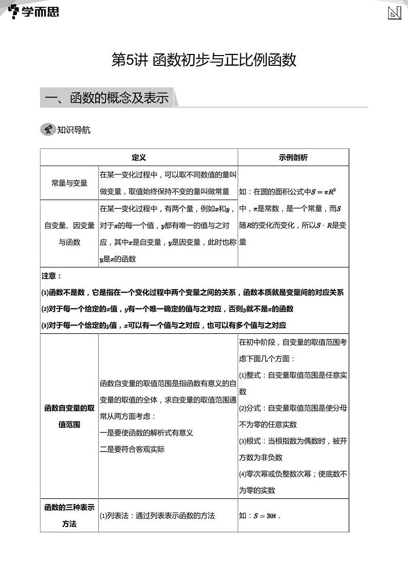 第5讲 函数初步与正比例函数(教师版)第1页