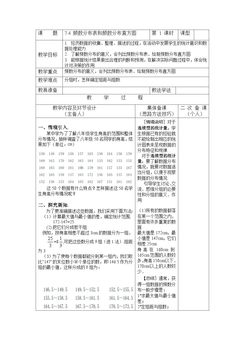 7.4 频数分布表和频数分布直方图 苏科版初中数学八年级下册教案01