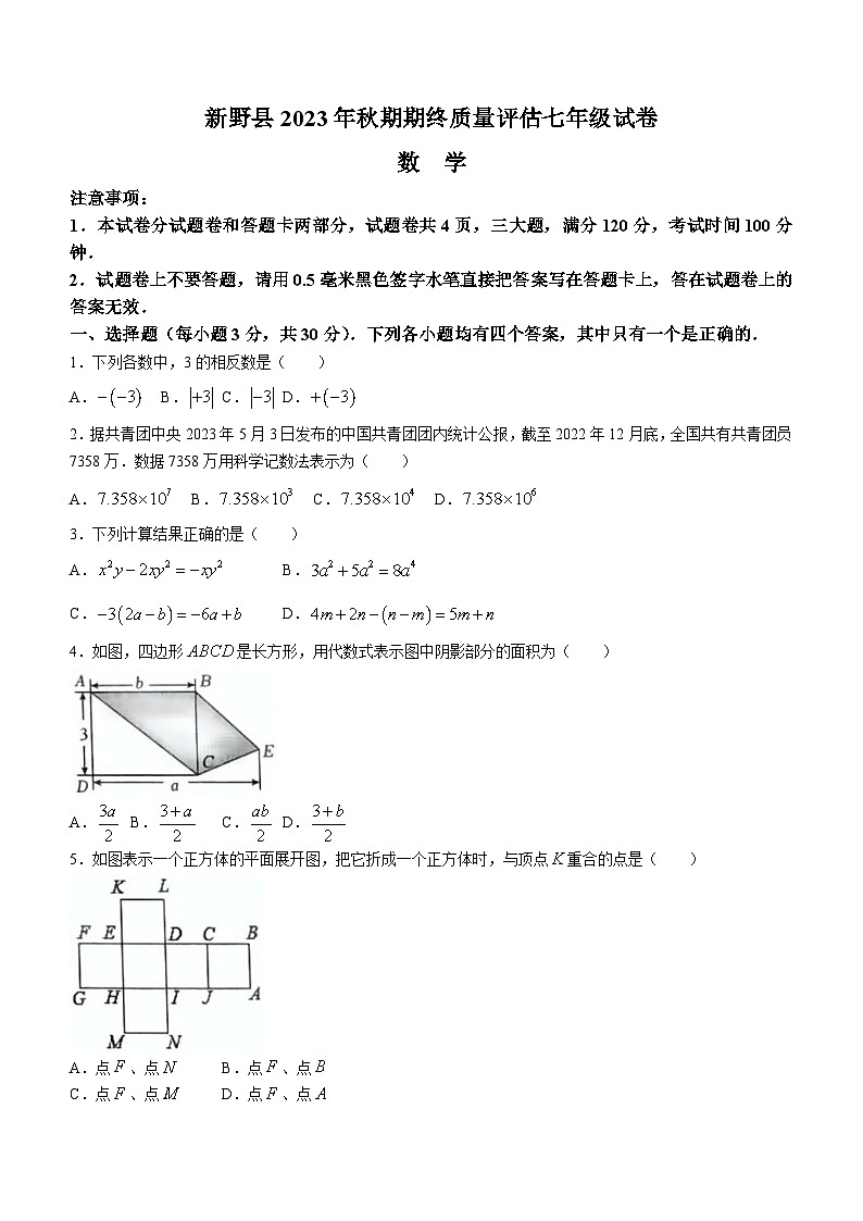 河南省南阳市新野县2023-2024学年七年级上学期期末数学试题(无答案)第1页