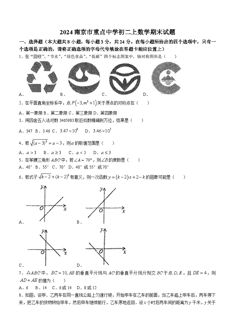 江苏省南京市重点中学2023-2024学年八年级上学期期末数学试题(无答案)01