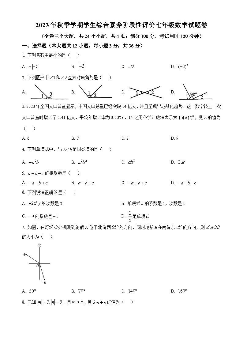 云南省昭通市永善县2023-2024学年七年级上学期期末数学试题(原卷版+解析版)01