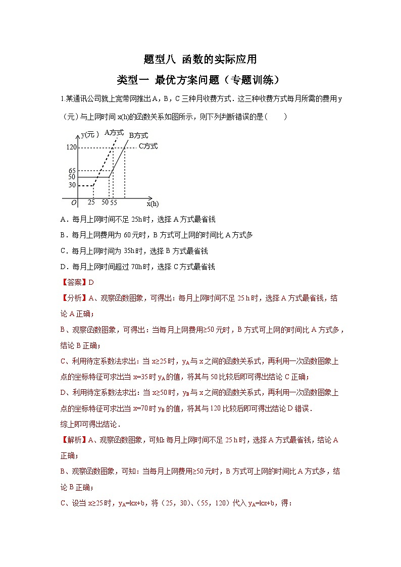 题型八 函数的实际应用 类型一 最优方案问题(专题训练)-备战2024年中考数学二轮复习高分突破(全国通用)01