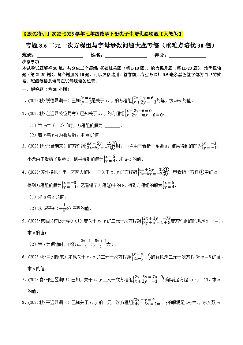 人教版七年级数学下册尖子生培优题典 专题8.6二元一次方程组与字母参数问题大题专练(重难点培优30题)(原卷版+解析)第1页