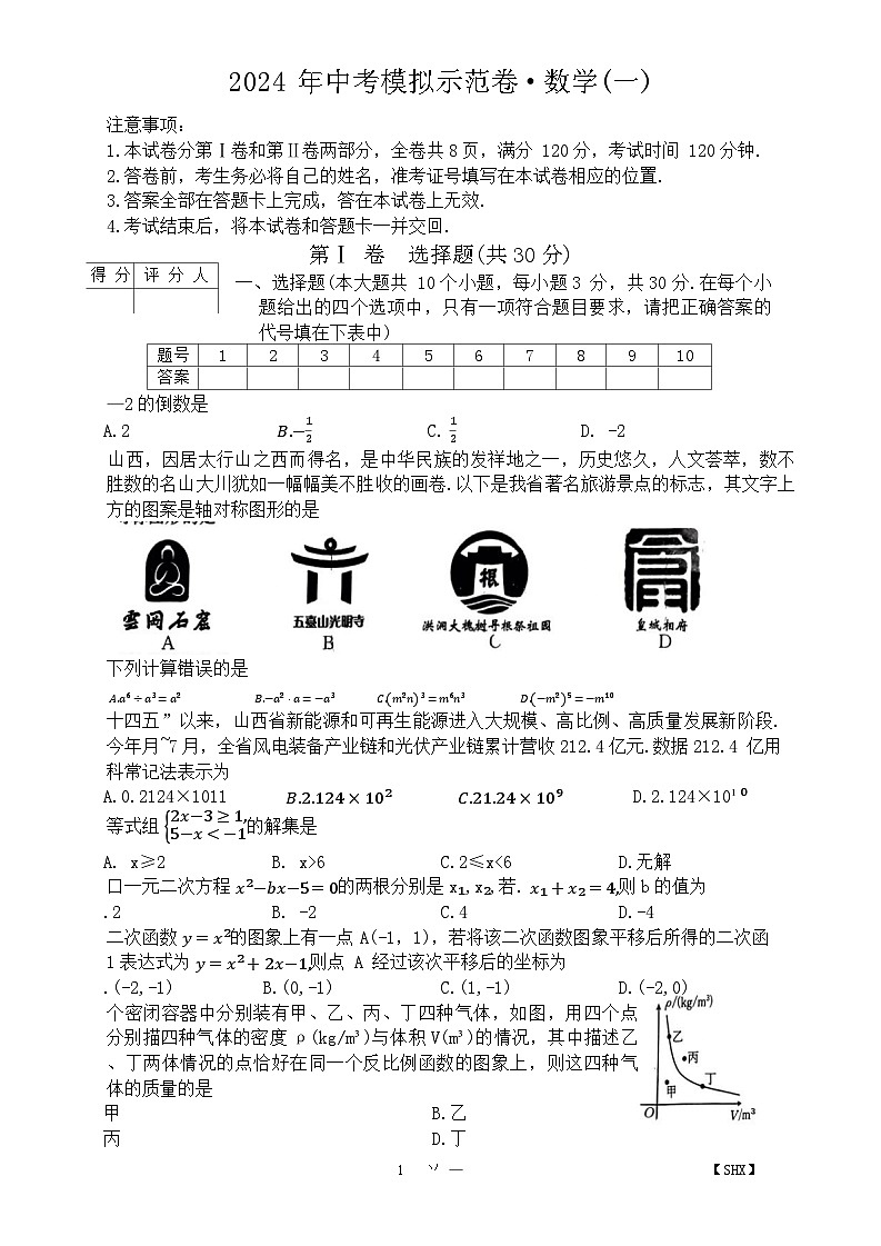 2024年山西省吕梁市部分学校第一次中考模拟数学试题+第1页