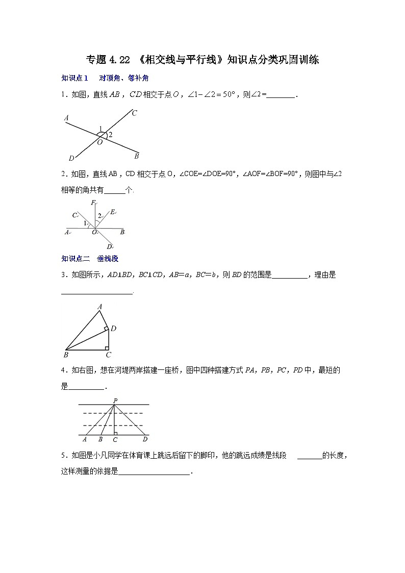 湘教版七年级数学下册基础知识专项讲练 专题4.22《相交线与平行线》知识点分类巩固训练第1页