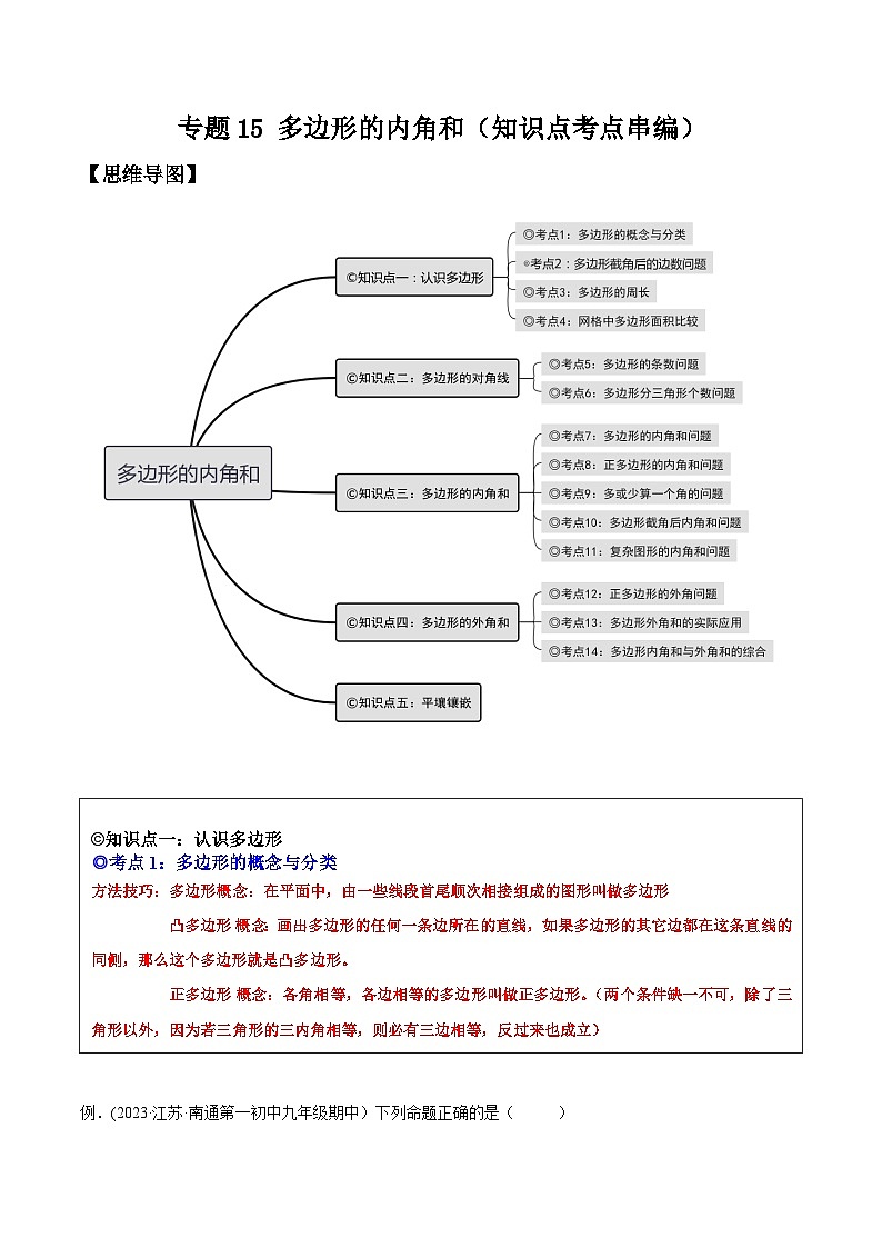沪科版八年级数学下学期核心考点精讲精练 专题15 多边形的内角和(知识点考点串编)-【专题重点突破】(原卷版+解析)第1页