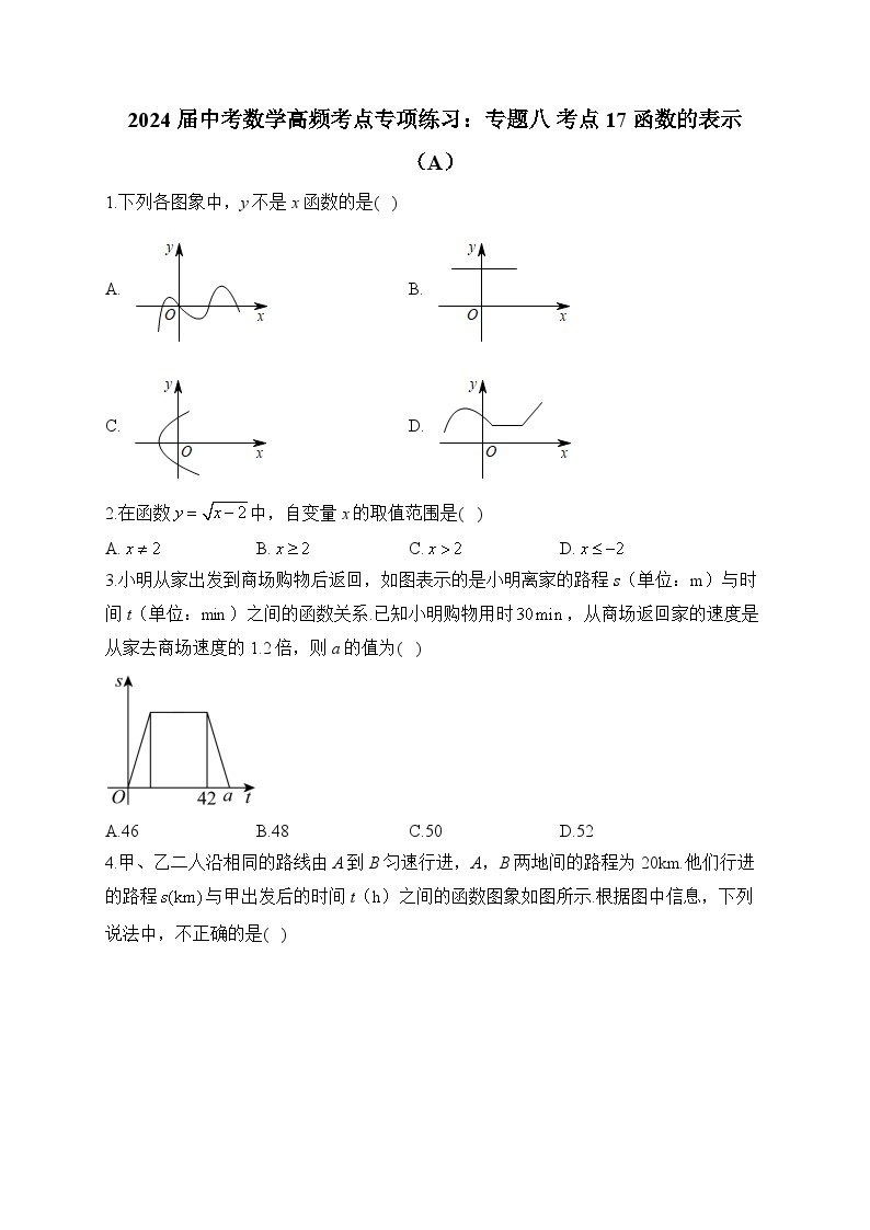 2024届中考数学高频考点专项练习：专题八 考点17 函数的表示(A)及答案01