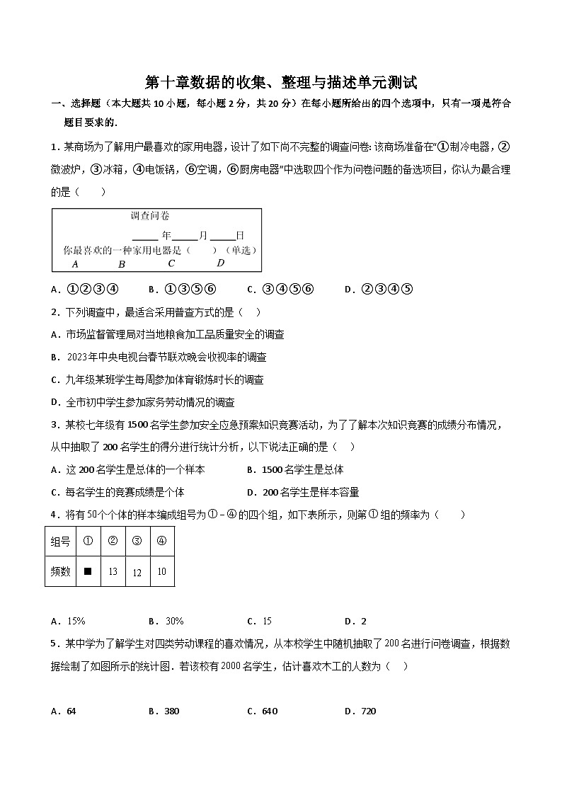 人教版七年级数学下册同步精品讲义第21讲第十章数据的收集、整理与描述单元测试(学生版+解析)第1页