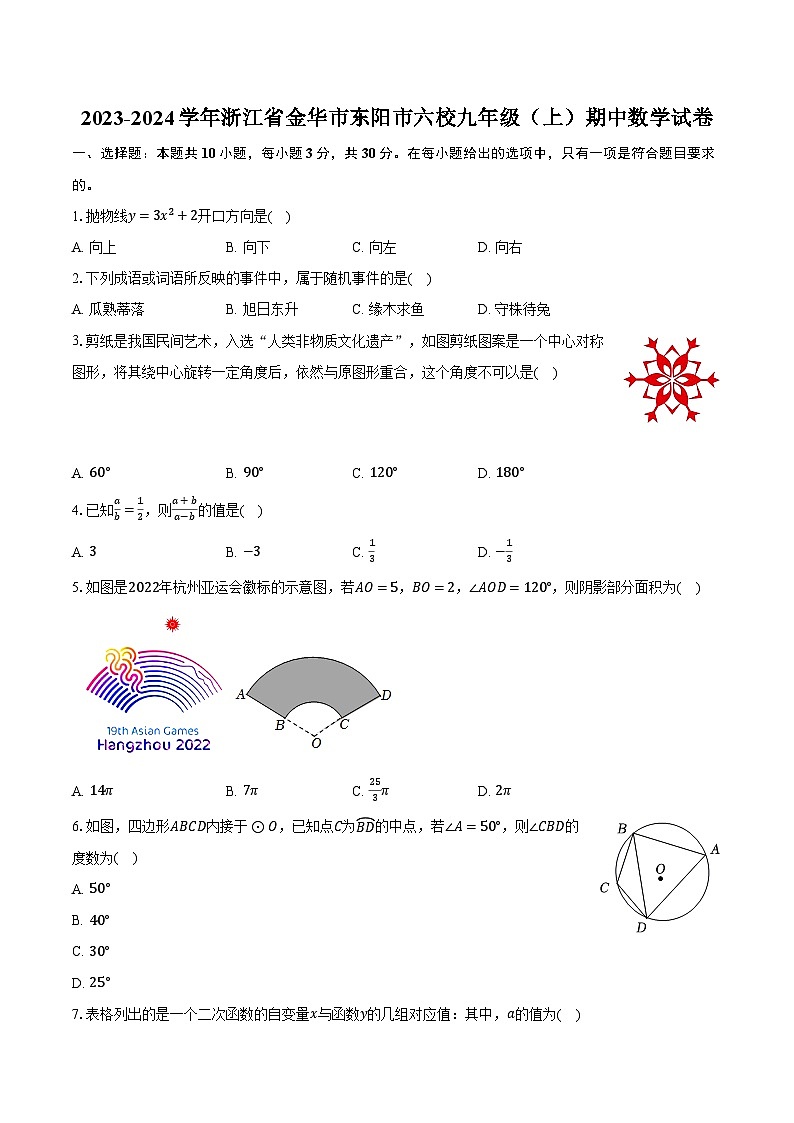 2023-2024學(xué)年浙江省金華市東陽(yáng)市六校九年級(jí)（上）期中數(shù)學(xué)試卷（含解析）第1頁(yè)