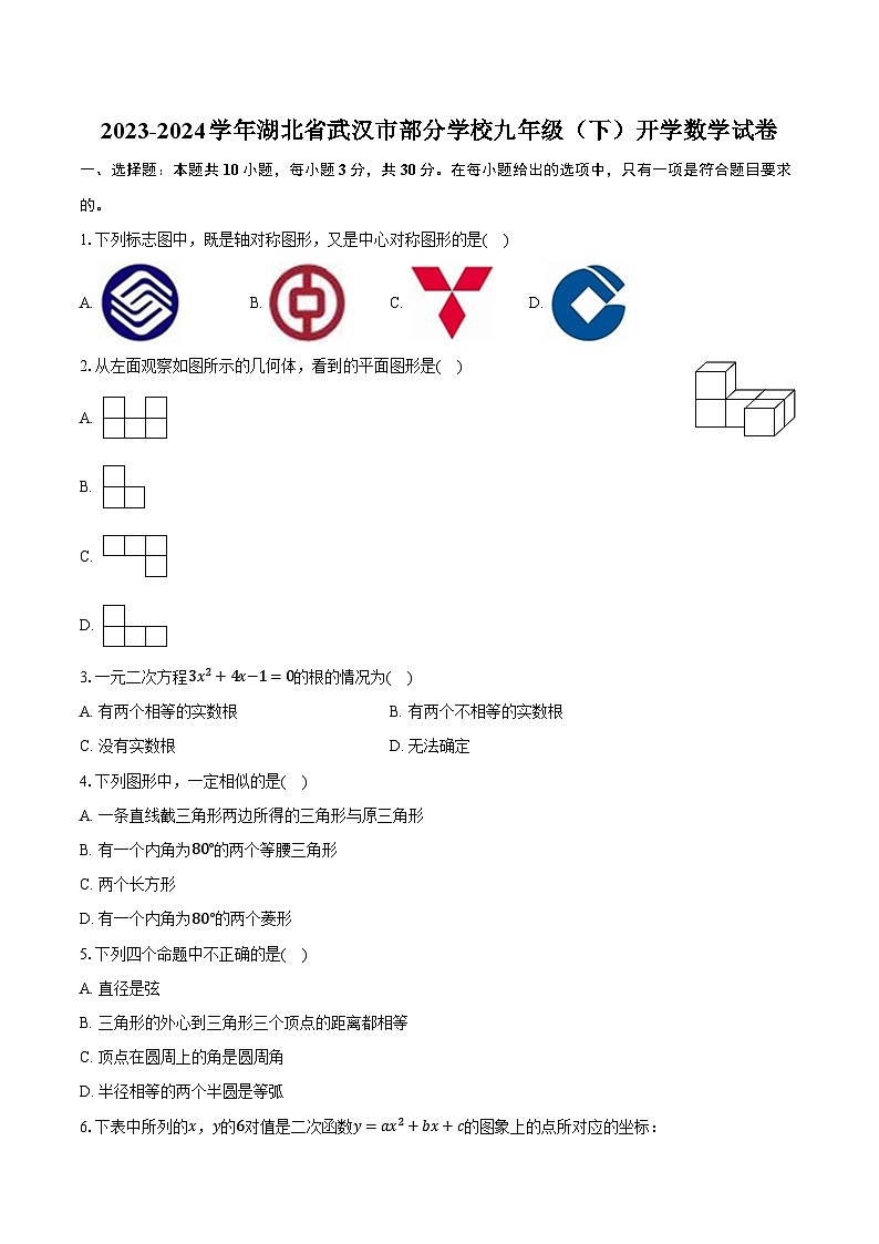 +湖北省武汉市部分学校2023-2024学年九年级下学期开学数学试卷+01