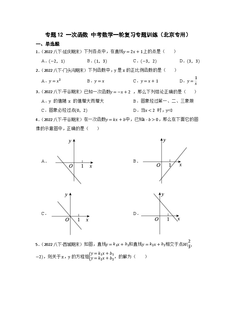 专题12 一次函数 中考数学一轮复习专题训练（北京专用）01