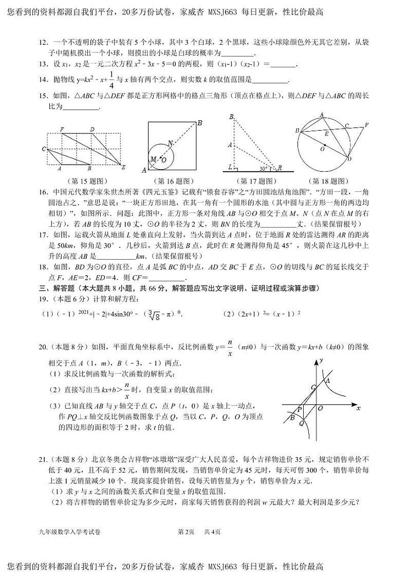 221,湖南省岳阳市弘毅新华中学2023—2024学年下学期九年级入学考试数学试题02