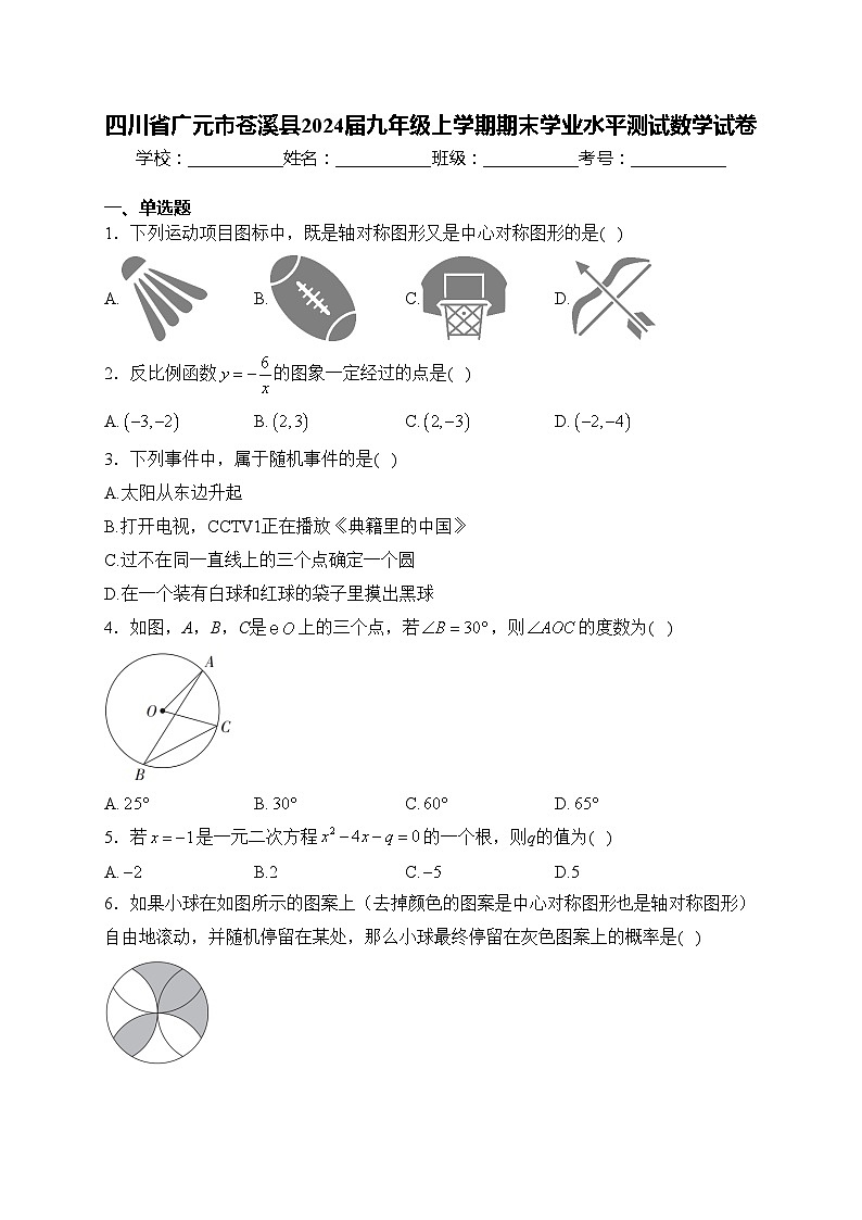 四川省广元市苍溪县2024届九年级上学期期末学业水平测试数学试卷(含答案)第1页
