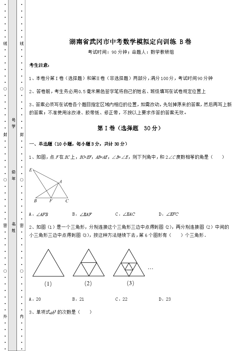 【难点解析】湖南省武冈市中考数学模拟定向训练 B卷（含答案详解）01