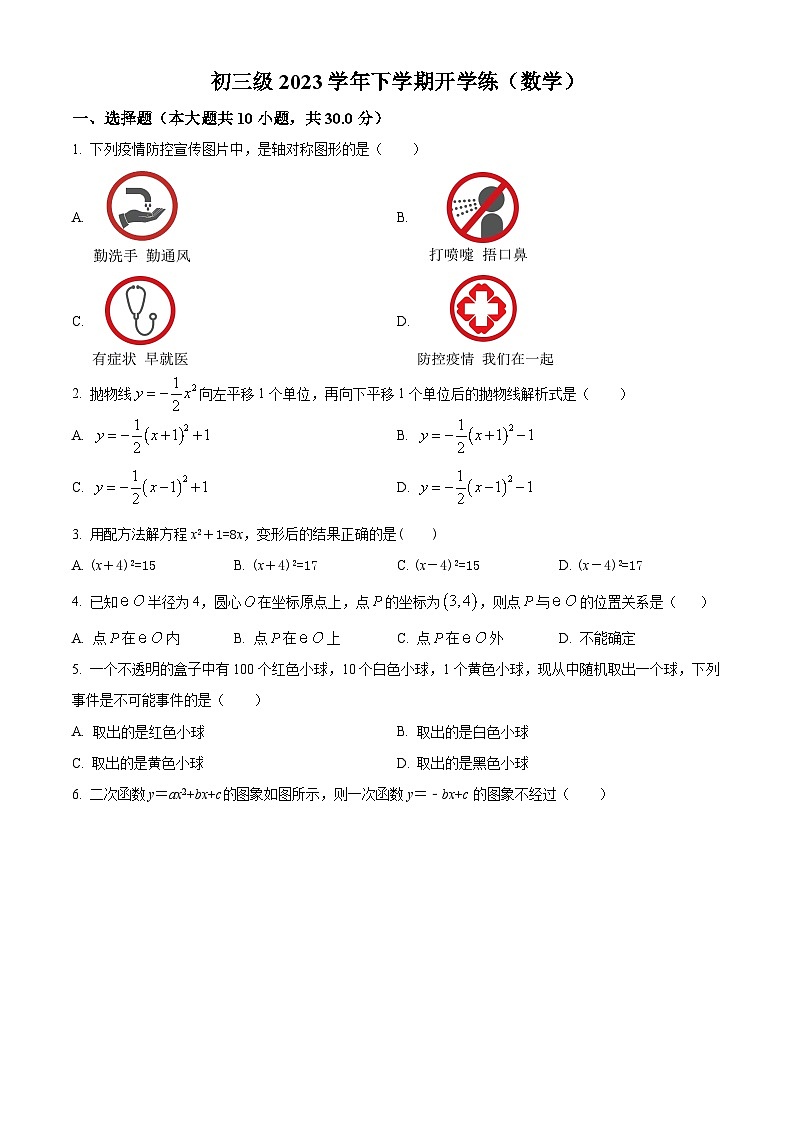 广东省广州市越秀区广东实验中学2023-2024学年九年级下学期开学考试数学试题(原卷版+解析版)01