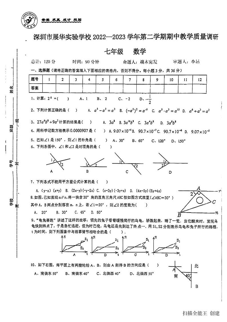15,广东省深圳市展华实验学校2022—2023学年七年级下学期期中数学试卷第1页
